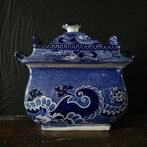 Antique Blue and White Transferware Sugar Bowl with Dragon Design, Chinoiserie